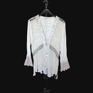 Dillards Vintage Lace Mesh‎ Embroidered Cardigan Top White Boho Flare Sleeve 10